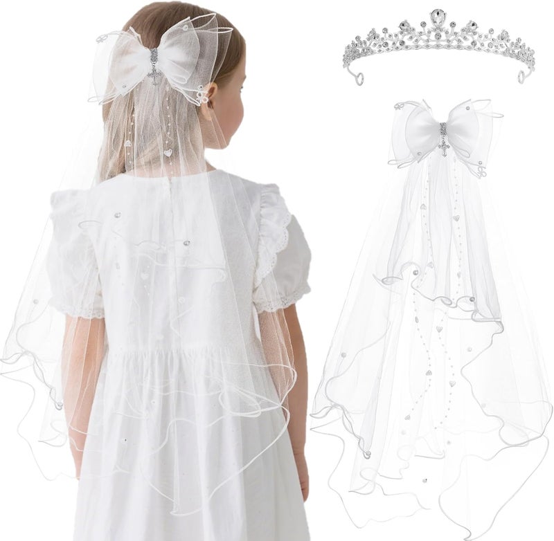 VULETO First Communion Veil Gifts for Girls Catholic White Bow Veil and Headpiece Accessories Set 1st Communion Easter Dress - Image 1